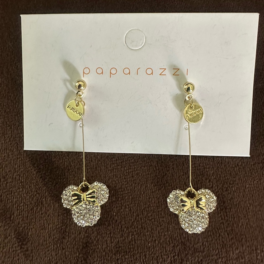 Golden Bow Mini Inlaid Rhinestone Diamond Inspired Mouse Ears Minnie Earrings